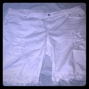 White Frilly Ripped Jean Shorts